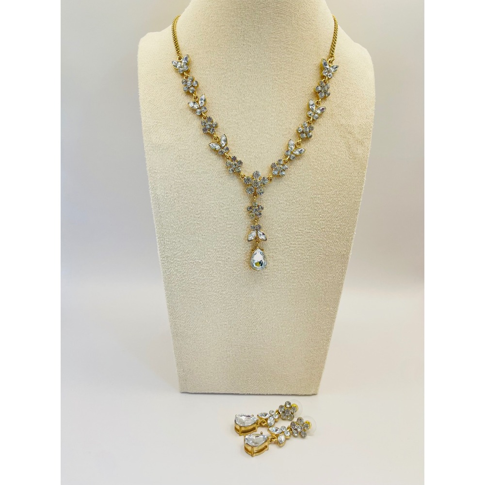 Charming Charlie Sweet Floral Y-Drop Necklace Earring Set Gold Tone Prom Wedding